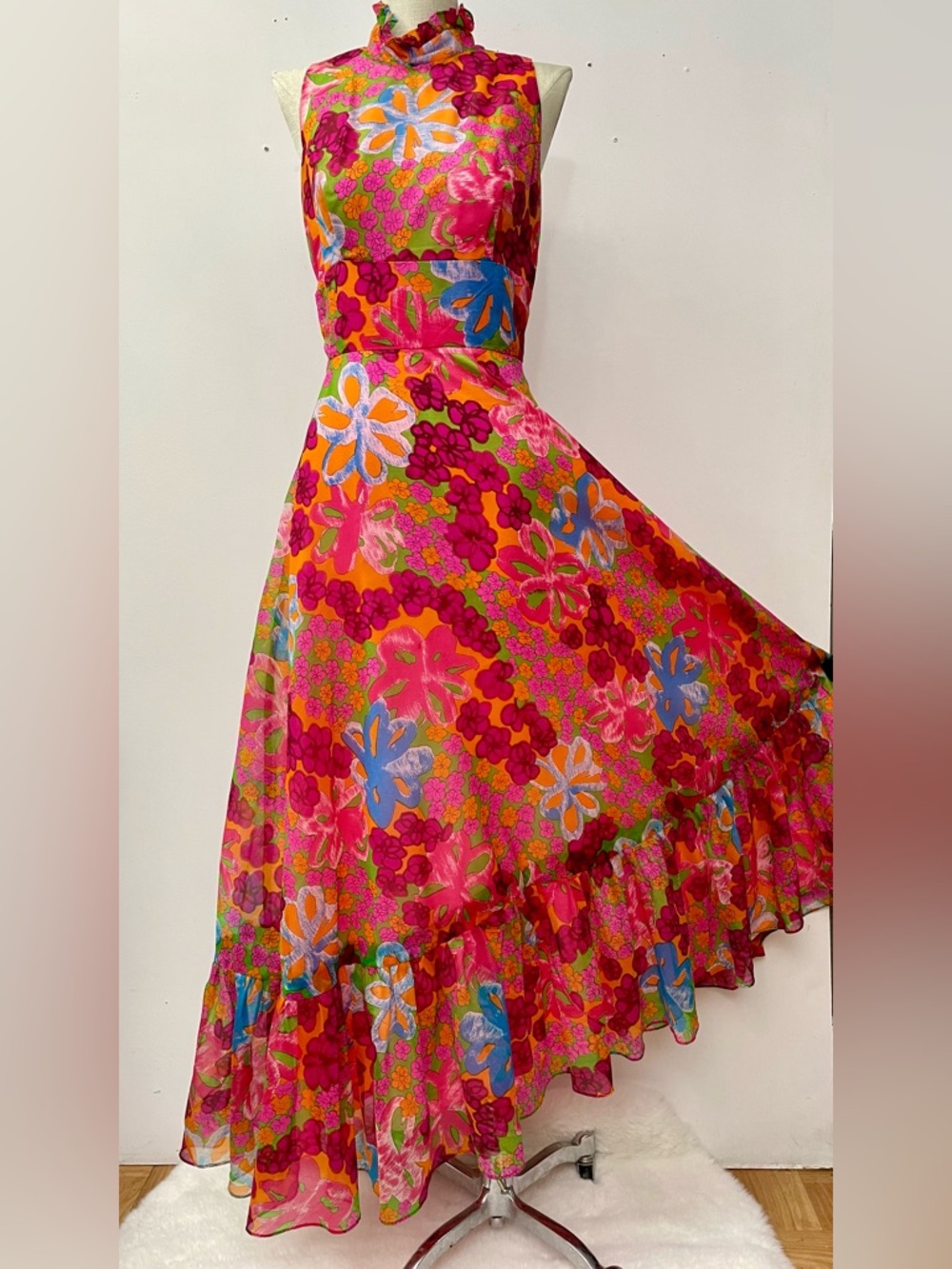 Vintage 60s flower power psychedelic A-Line sweep dress size S/M chiffon halter - Picture 4 of 16
